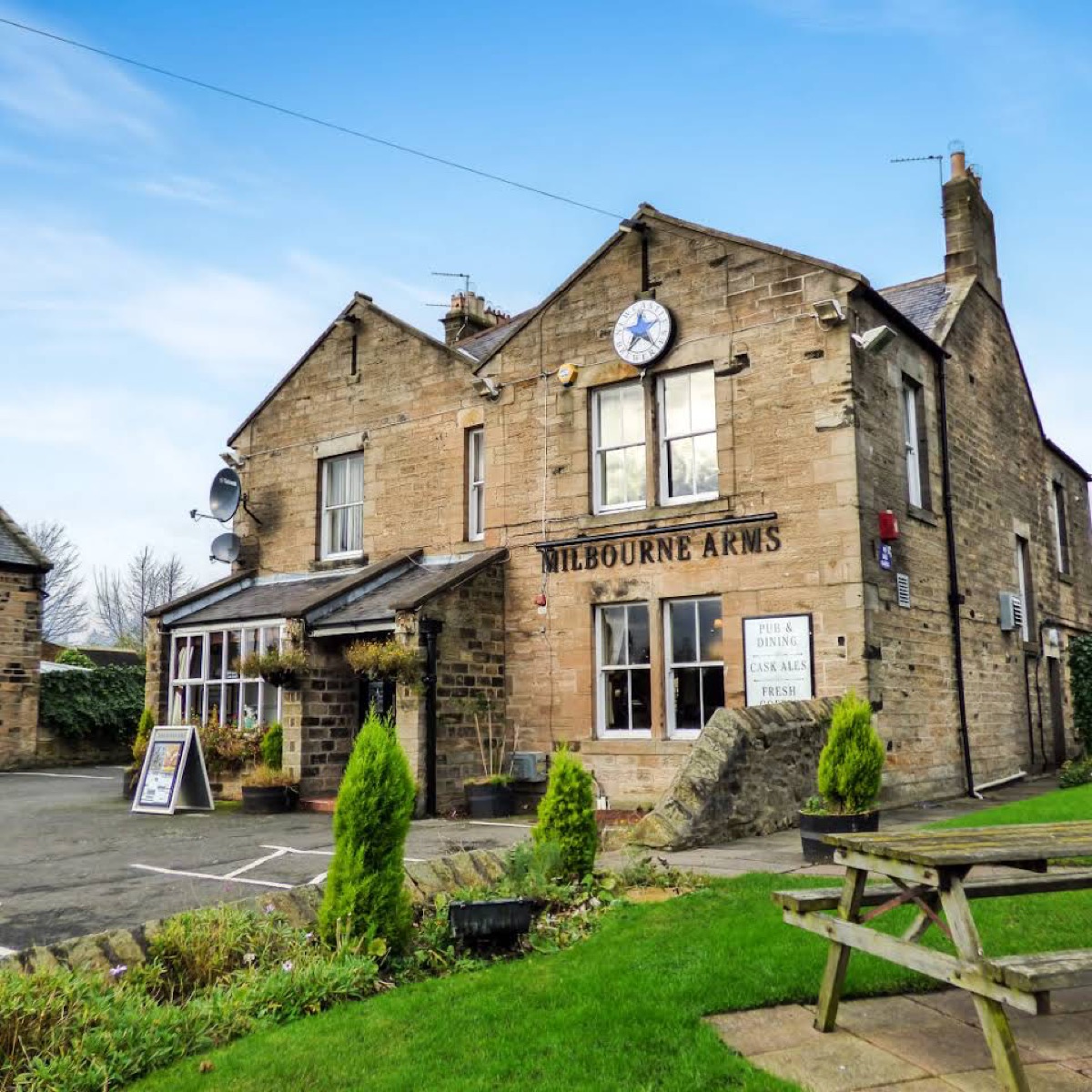 The stone exterior of The Milbourne Arms in Holywell